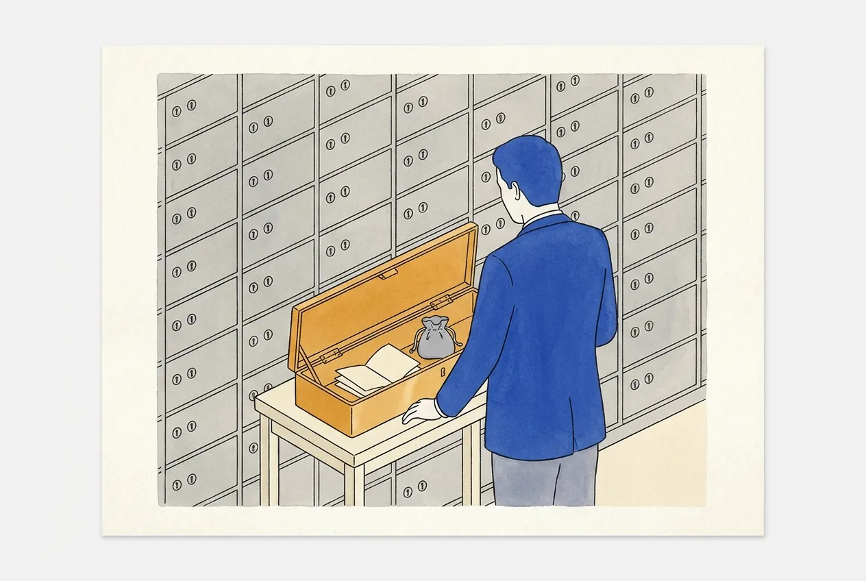 Caveau con parete di cassette di sicurezza a doppia serratura; un cliente di spalle davanti a una cassetta aperta sul tavolo con documenti e un sacchetto
