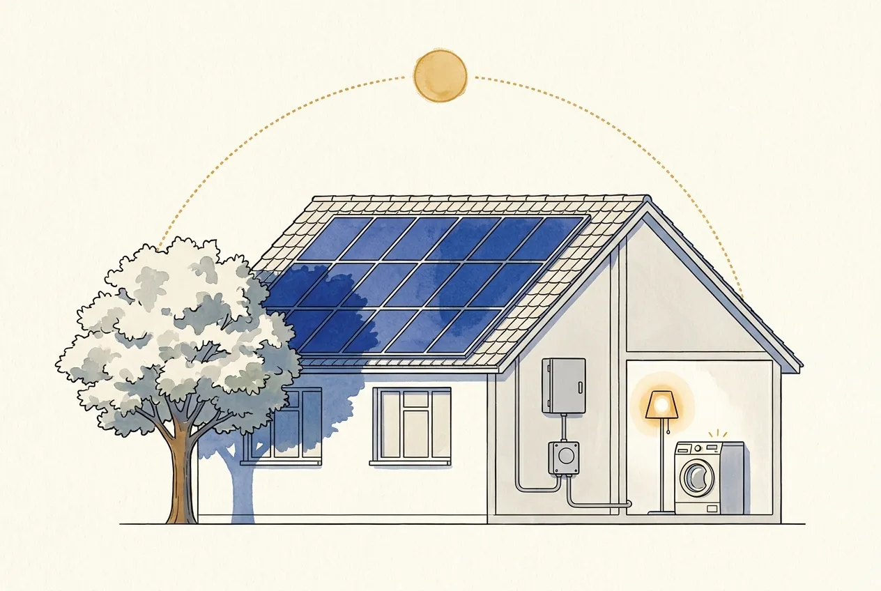 Casa con pannelli fotovoltaici sul tetto in parte ombreggiati da un albero, arco del sole, inverter e contatore a parete, lampada e lavatrice accese in casa