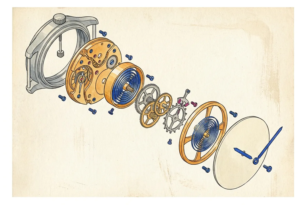 Esploso di un orologio meccanico: cassa con corona, platina, bariletto con molla, ruotismo, scappamento, bilanciere con spirale e quadrante senza indici