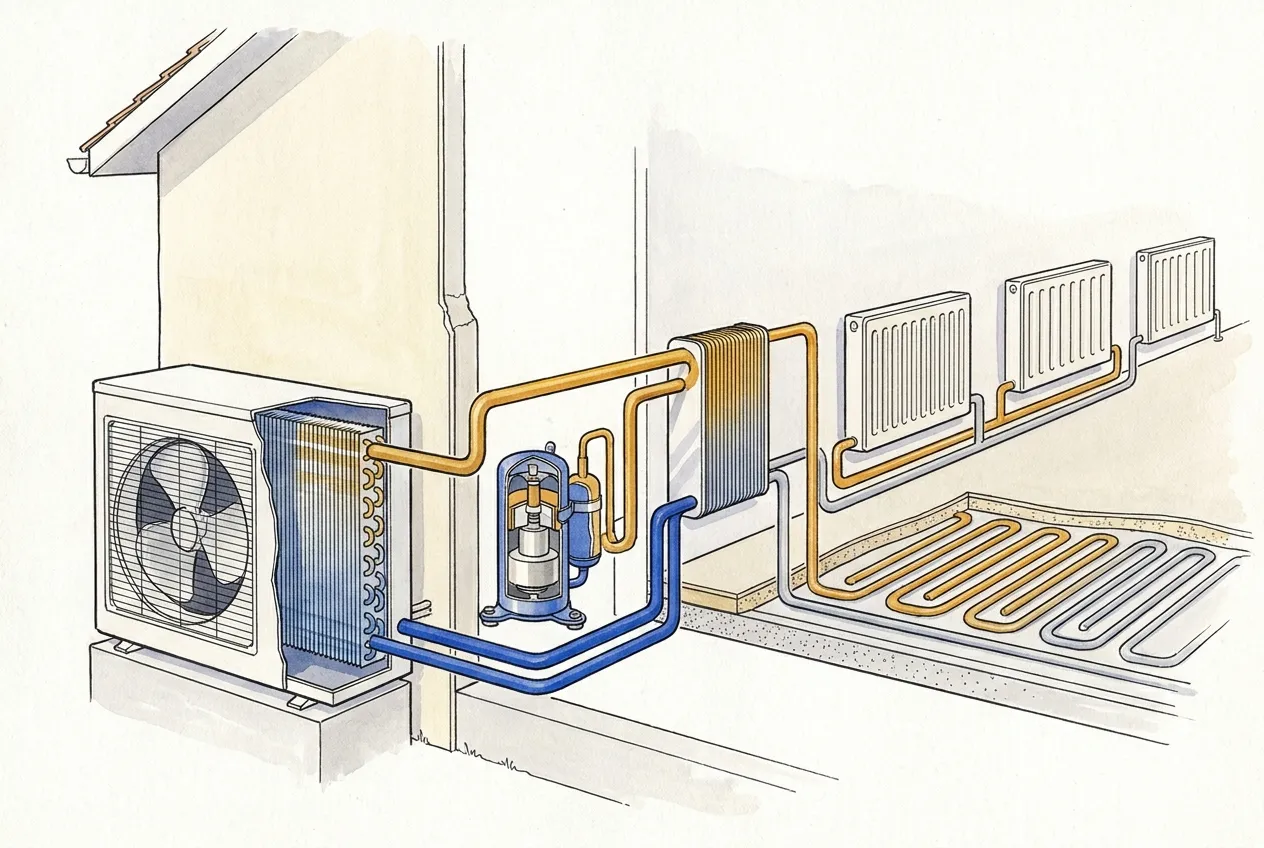 Schema di pompa di calore aria-acqua: unità esterna con ventola, compressore, scambiatore interno e circuito d'acqua verso termosifoni e pavimento radiante