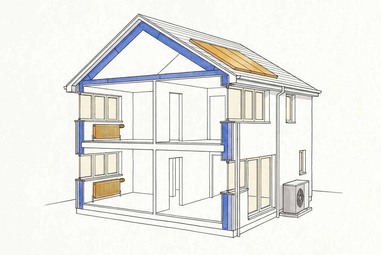 Casa in sezione con isolamento di tetto e pareti, finestre nuove, collettore solare sul tetto, termosifoni con valvole e pompa di calore all'esterno