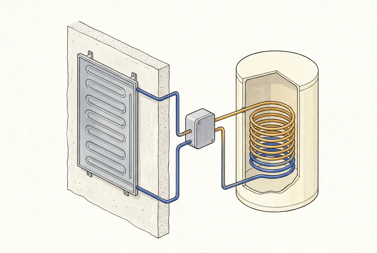 Pannello evaporatore in alluminio senza vetro fissato al muro, collegato da tubi del refrigerante a un compressore e alla serpentina di un accumulo d'acqua