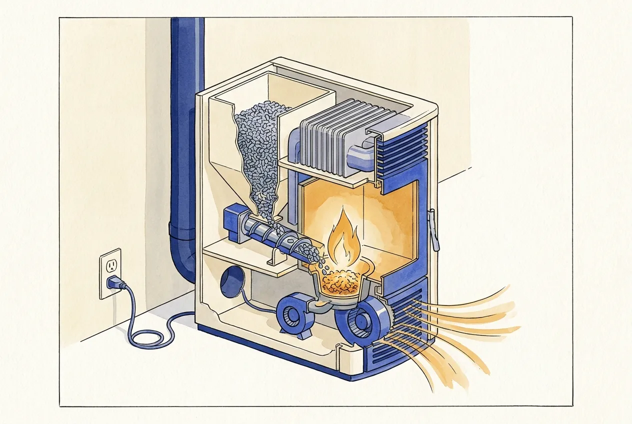 Spaccato di stufa a pellet: serbatoio pieno di pellet, coclea verso il braciere, ventilatori, scambiatore di calore, canna fumaria e spina elettrica