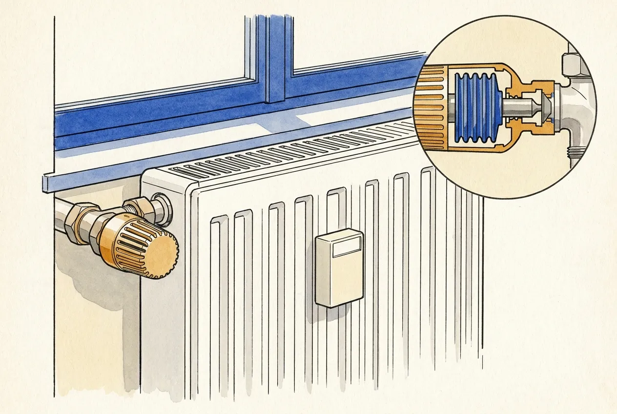Termosifone sotto finestra con valvola termostatica e ripartitore di calore; nel riquadro, l'elemento sensibile a soffietto che spinge lo spillo della valvola